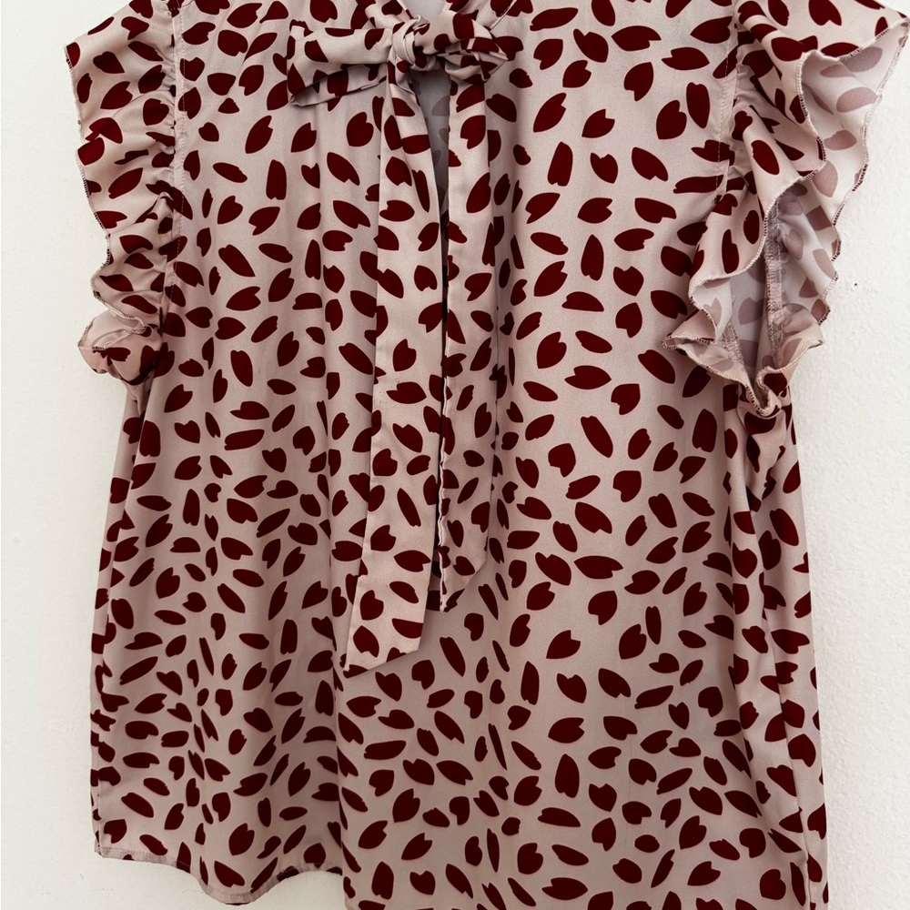 Ruffled Blouse with Red Leaf Pattern